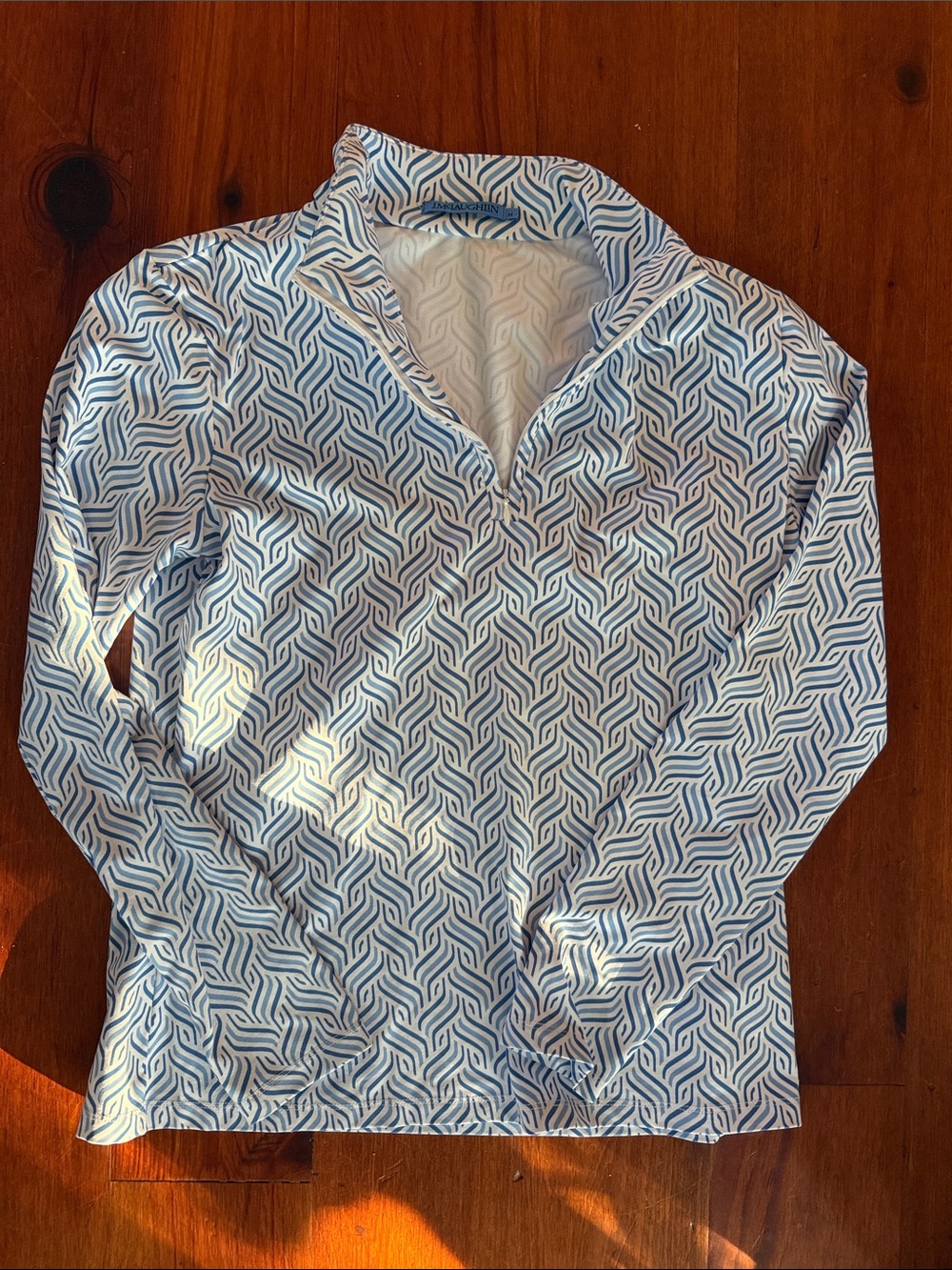 J. McLaughlin White and Blue Geo-Print Long Sleeve Quarter-Zip Size Medium